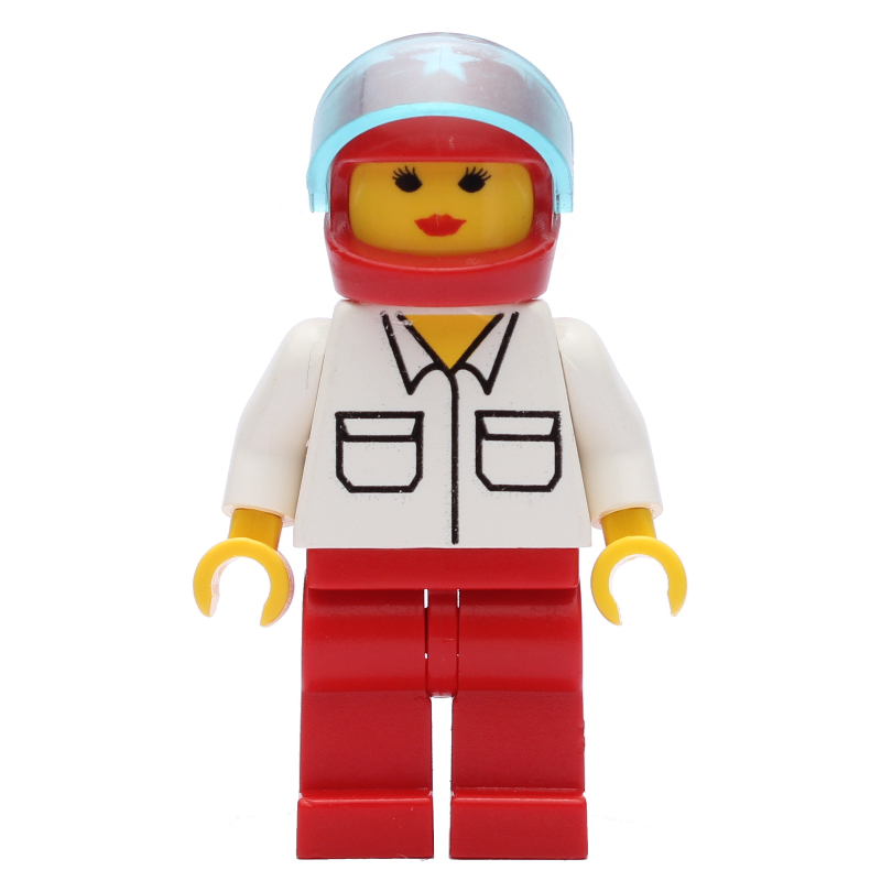 LEGO Woman, White Shirt with Pockets, Red Legs, Red Helmet with Stars and Visor (fig-009121)