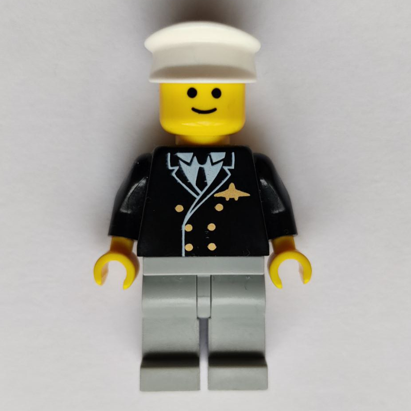 LEGO Pilot, Black Jacket with Tie and Airplane Badge, Light Bluish Gray Legs, White Hat (fig-009123)