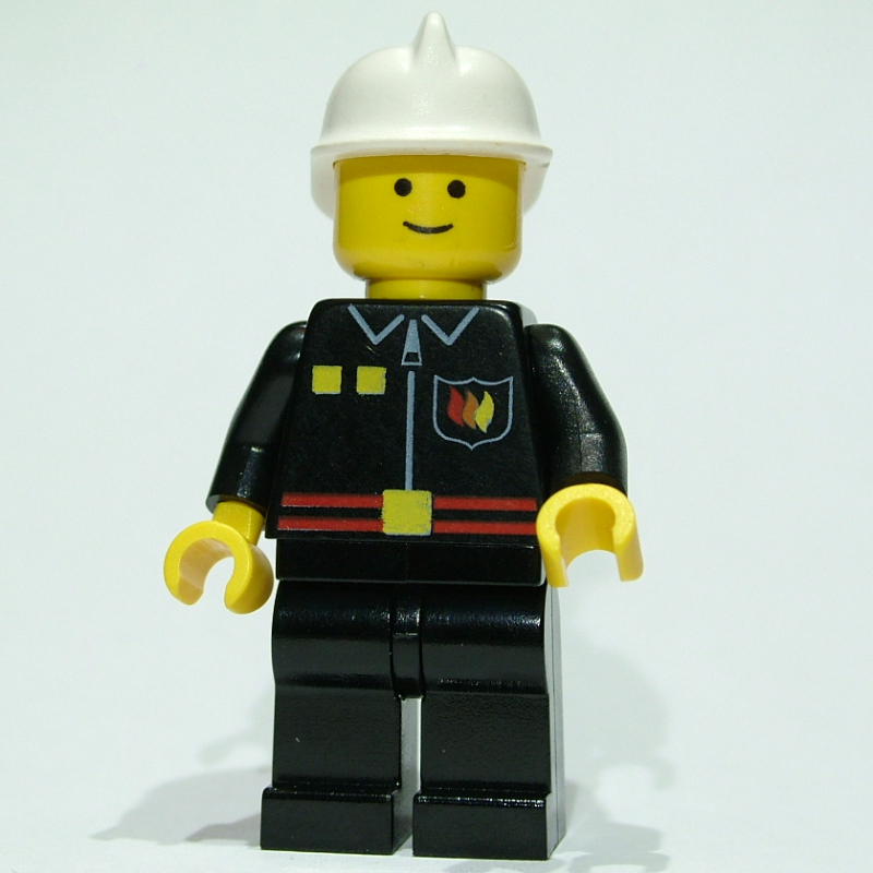 LEGO Fireman, Black Fire Jacket with Red Belt and Badge, White Helmet (fig-009128)