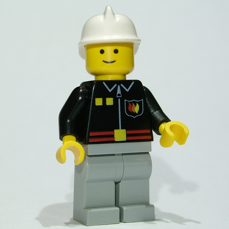 LEGO Fireman, Black Fire Jacket with Red Belt and Badge, Light Bluish Gray Legs, White Helmet (fig-009129)