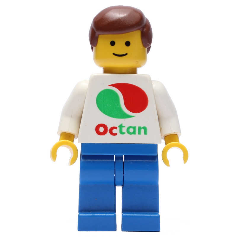 LEGO Man, White Top with Large Octan Logo, Blue Legs, Reddish Brown Hair (fig-009134)