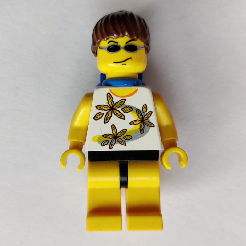 LEGO Woman, White Tank Top with Flowers, Yellow Legs, Brown Hair, Airtanks, Sunglasses (fig-009135)