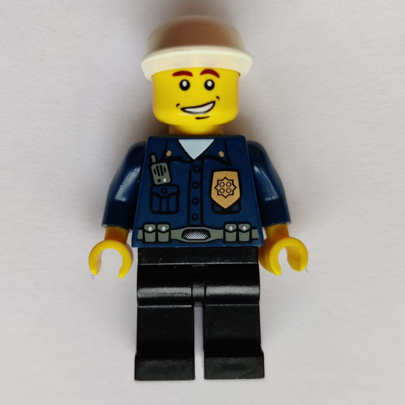LEGO Policeman, Dark Blue Shirt with Radio and Badge, Black Legs, Black Cap, Smile (fig-009136)