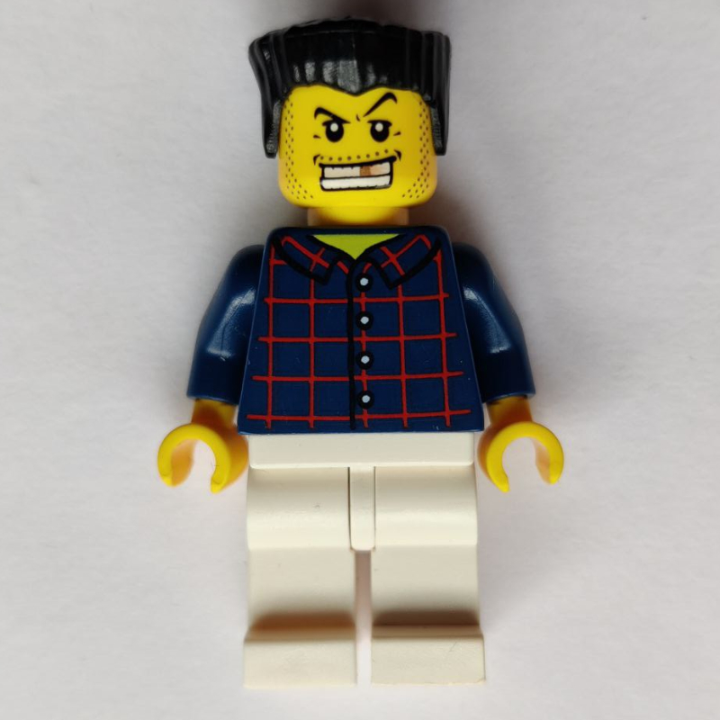 LEGO Man, Dark Blue Plaid Shirt, White Legs, Black Hair, Gold Tooth (fig-009138)