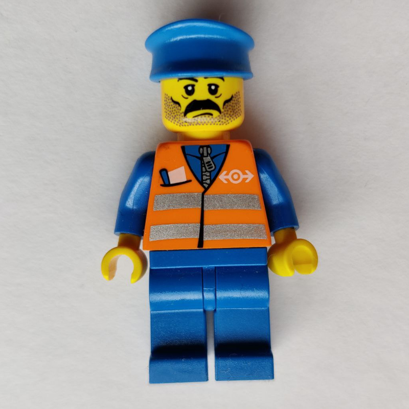 LEGO Train Worker, Orange Safety Vest with Train Logo, Blue Legs, Blue Hat, Moustache (fig-009139)