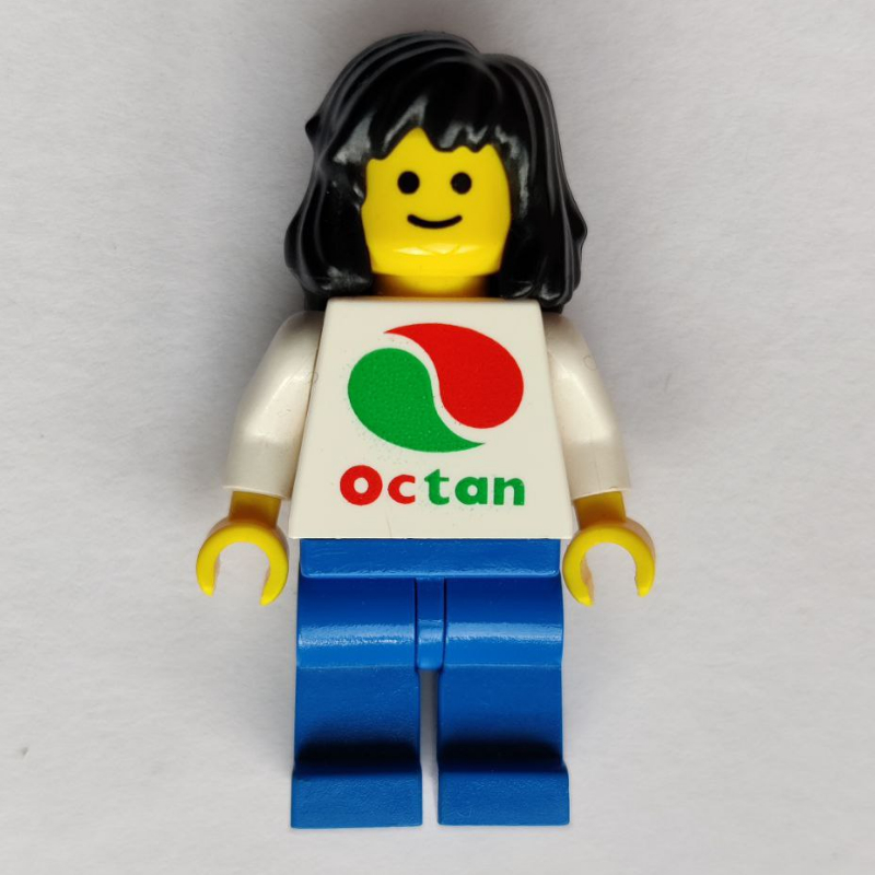 LEGO Woman, White Top with Large Octan Logo, Blue Legs, Black Hair (fig-009140)