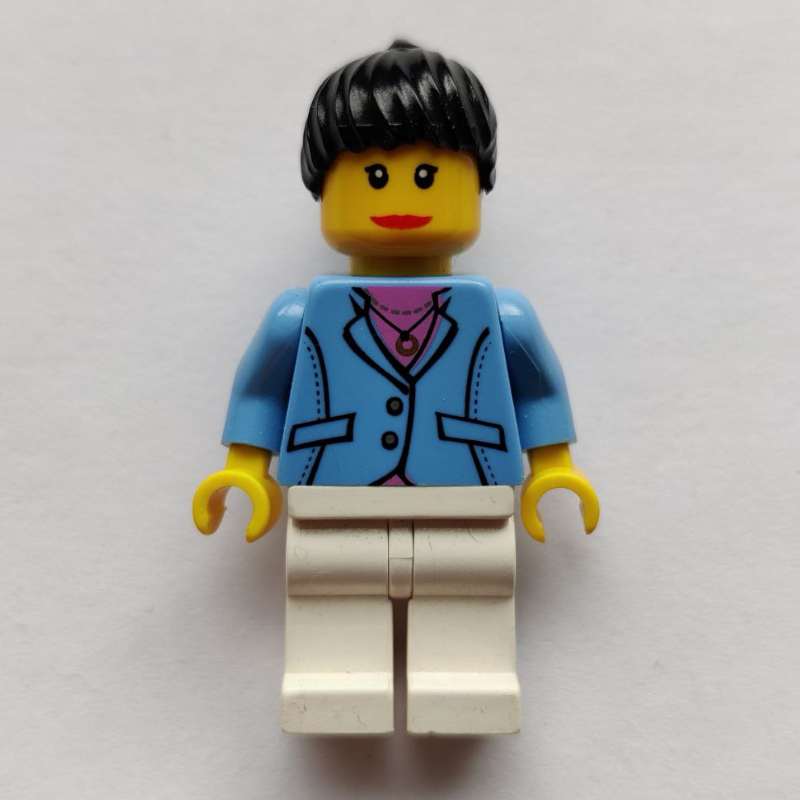 LEGO Woman, Medium Blue Jacket, White Legs, Black Ponytail Hair (fig-009141)