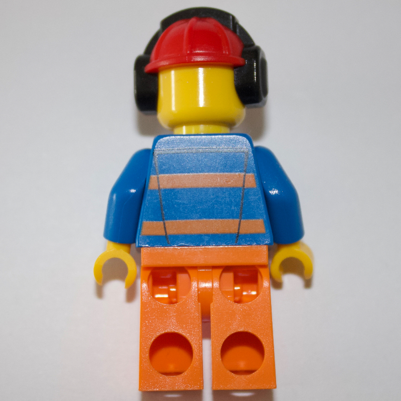 LEGO Worker - Blue Torso, Orange Legs, Red Helmet with Ear Protectors (fig-009143)