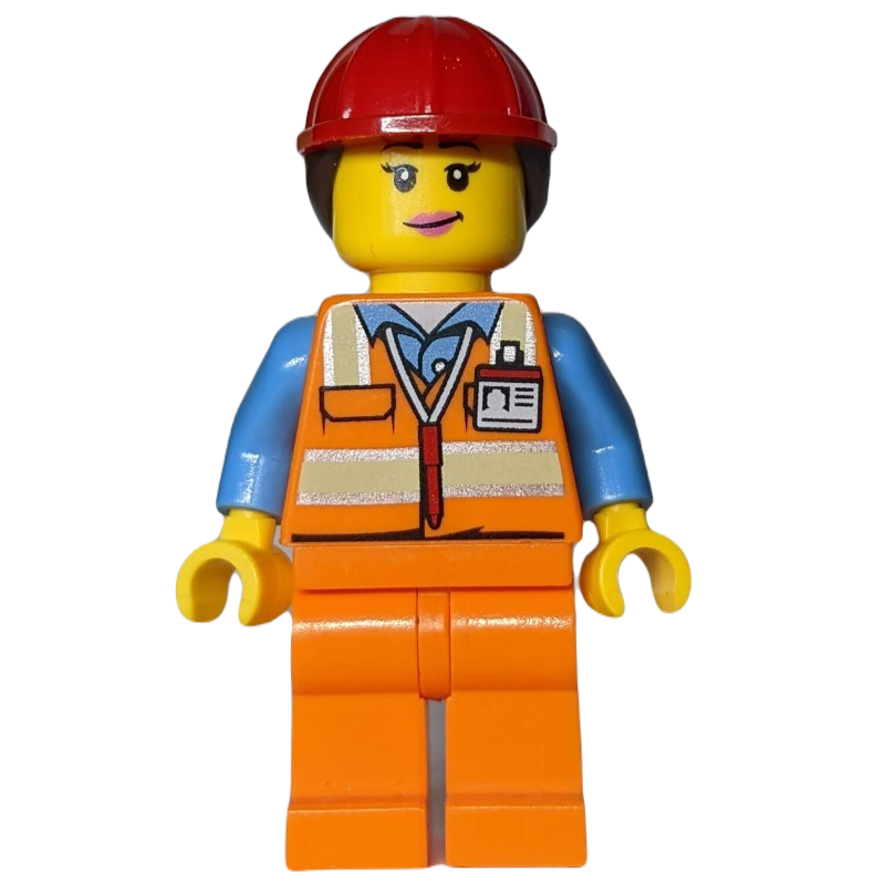 LEGO Worker - Orange Torso, Orange Legs, Red Helmet with Reddish Brown Hair (fig-009144)