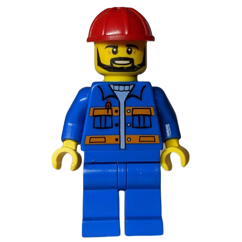LEGO Worker, Blue Torso, Blue Legs, Red Helmet, Beard (fig-009147)