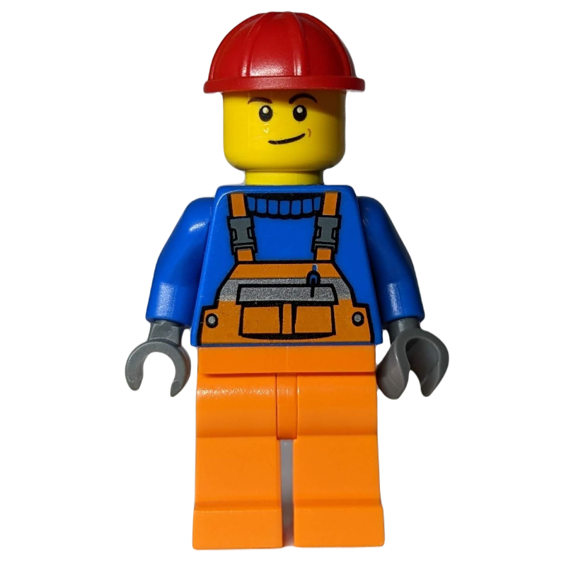 LEGO Worker, Orange Overalls over Blue Sweater, Red Hard Hat (fig-009148)
