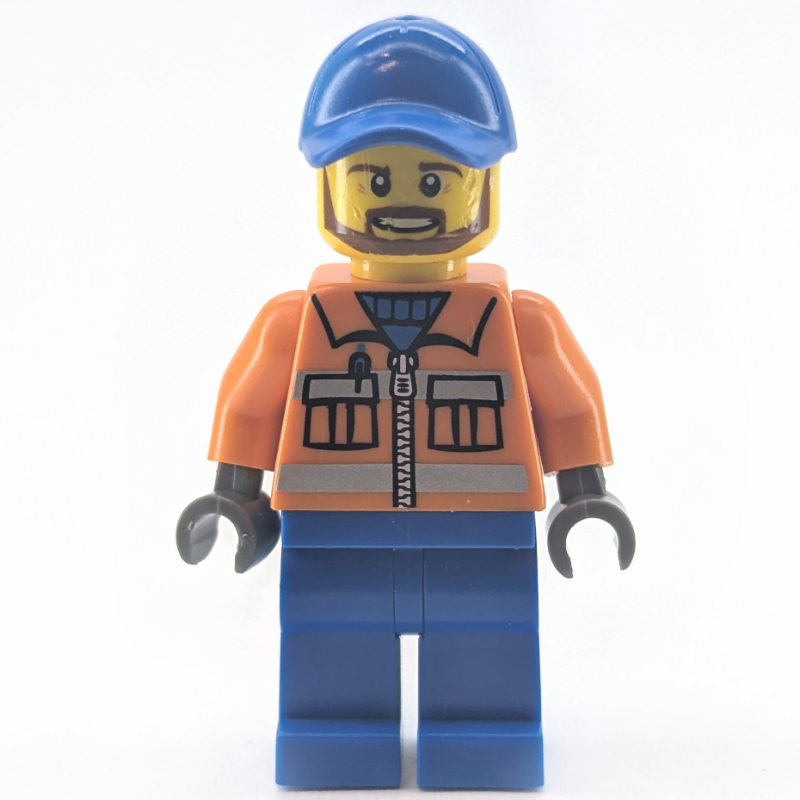 LEGO Worker - Orange Torso, Blue Legs, Blue Cap, Reddish Brown Beard (fig-009149)