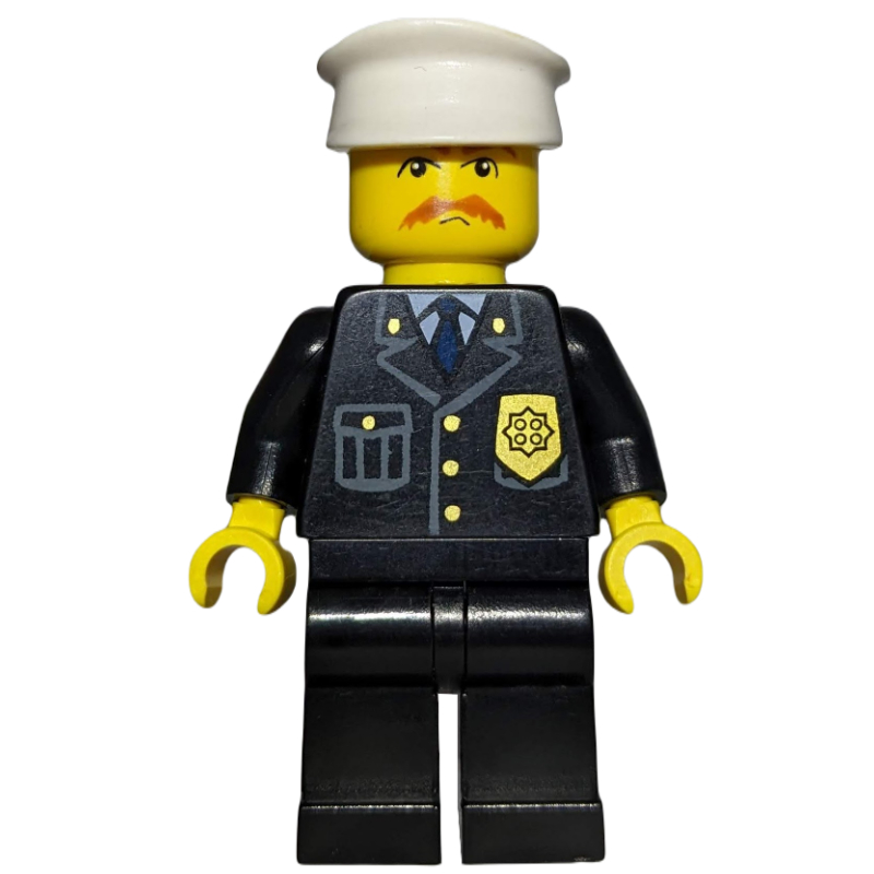 LEGO Policeman, Black Suit with Badge, White Hat, Mustache and Glasses (fig-009158)