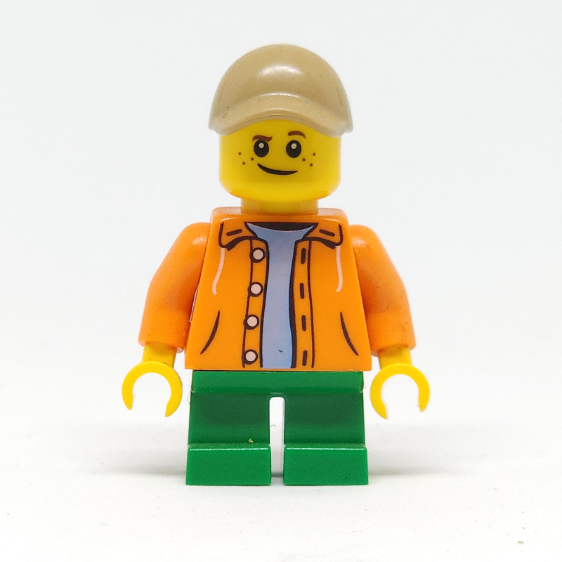 LEGO Kid, Orange Torso, Green Legs, Dark Tan Cap (fig-009162)