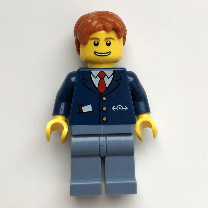 LEGO Train Worker - Dark Blue Torso, Sand Blue Legs, Dark Orange Hair (fig-009169)