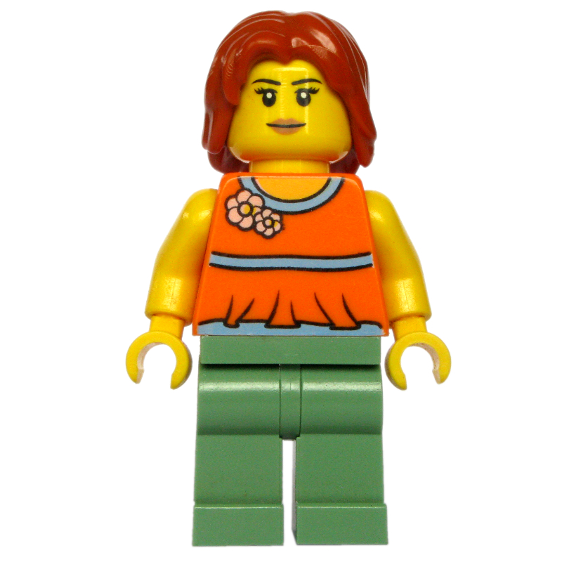 LEGO Orange Torso, Sand Green Legs, Dark Orange Hair (fig-009176)