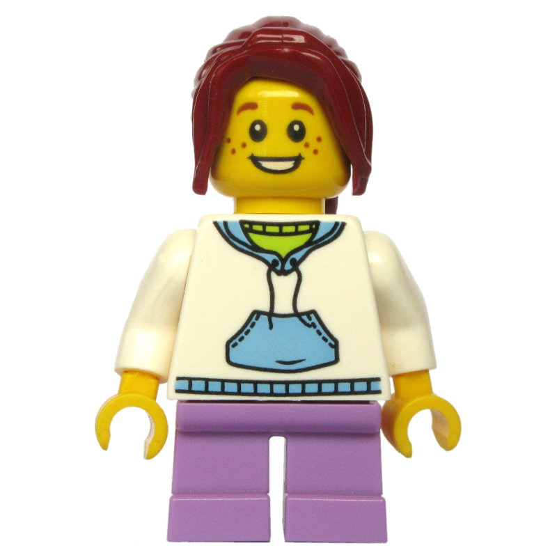 LEGO Kid - White Torso, Medium Lavender Legs, Dark Red Hair (fig-009183)