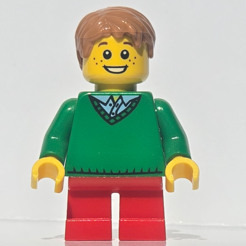 LEGO Kid - Green Torso, Red Legs, Medium Nougat Hair (fig-009185)