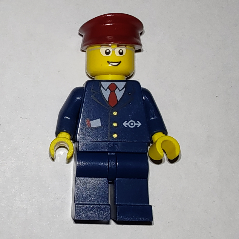 LEGO Train Worker - Dark Blue Torso, Dark BLue Legs, Dark Red Hat (fig-009205)