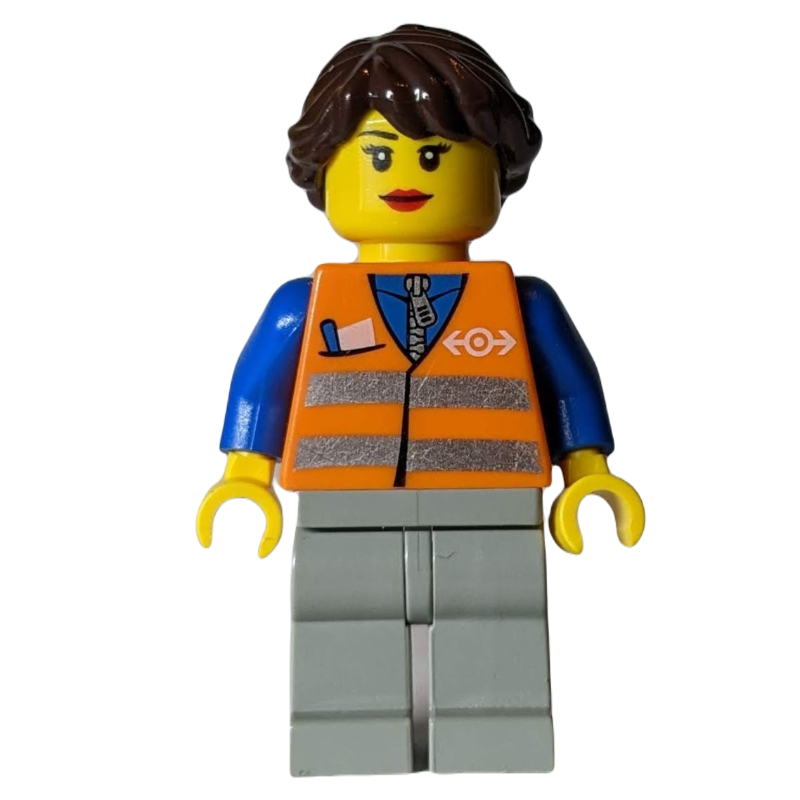 LEGO Train Worker - Orange Torso, Light Bluish Grey Legs, Dark Brown Hair (fig-009209)