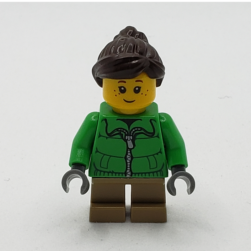 LEGO Kid - Green Torso, Dark Tan Legs, Dark Brown Hair (fig-009234)