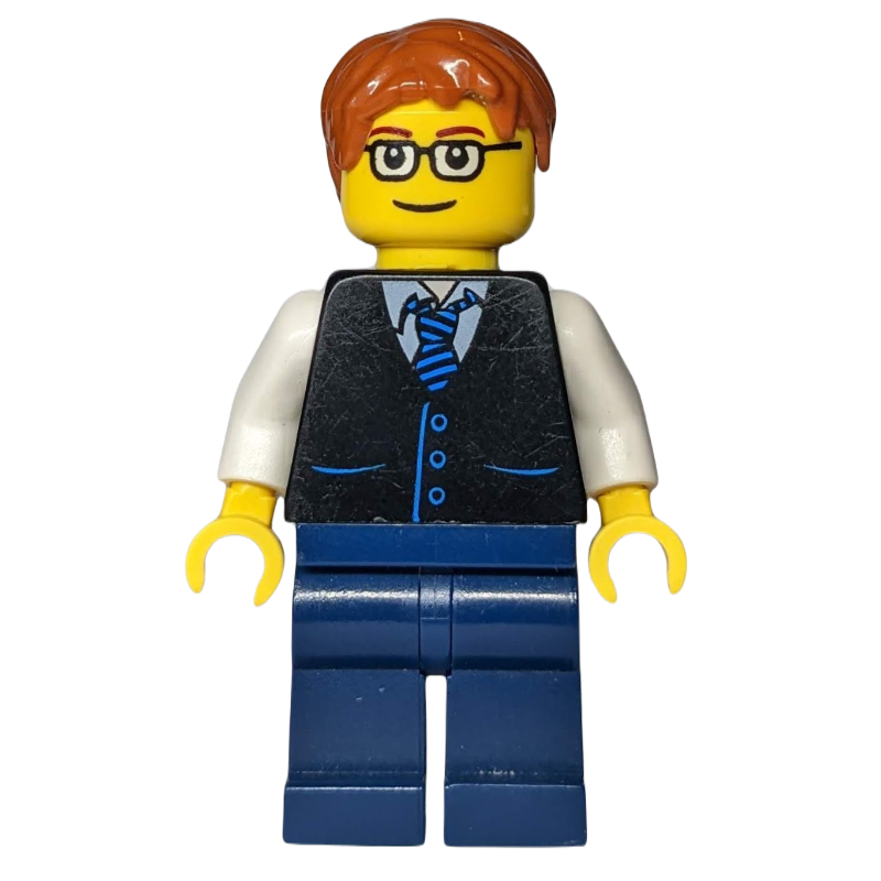 LEGO Black Torso, Dark Blue Legs, Dark Orange Hair - Squared Glasses (fig-009263)