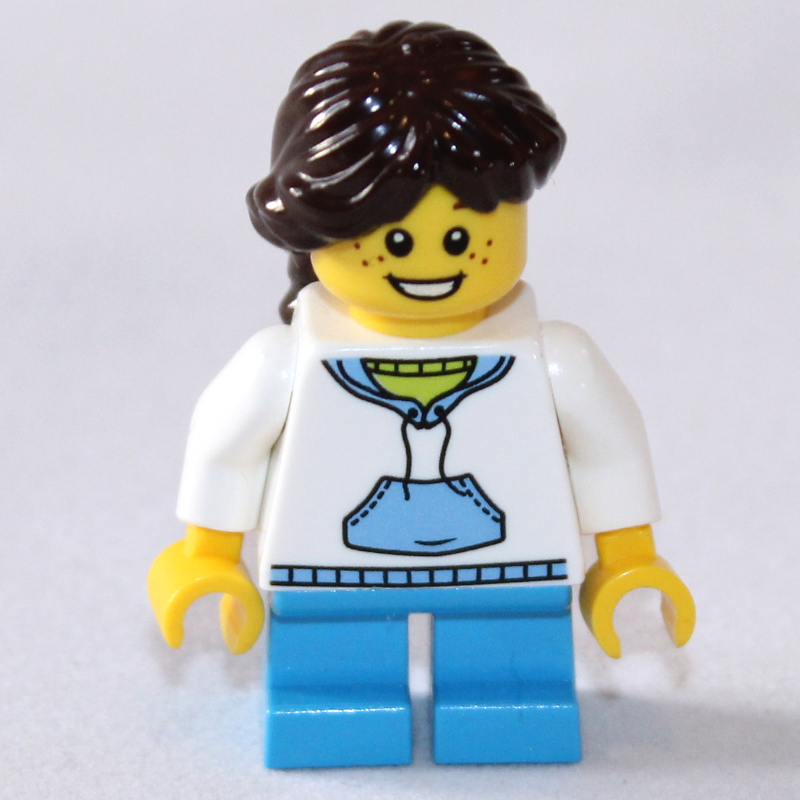 LEGO Kid - White Torso, Dark Azure Legs, Dark Brown Hair (fig-009269)