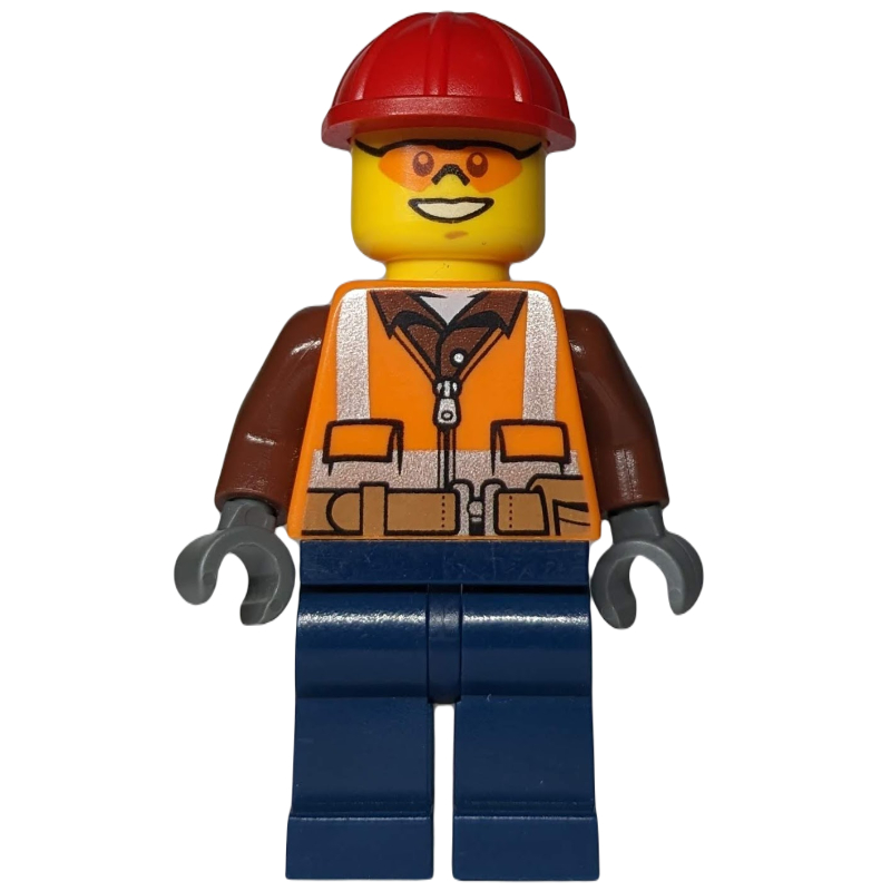 LEGO Construction Worker, Orange Safety Vest with Zipper over Reddish Brown Shirt, Dark Blue Legs, Red Hard Hat, Orange Safety Glasses (fig-009276)
