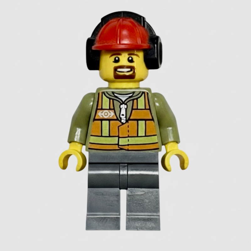 LEGO Train Worker, Orange Safety Vest with Train Logo over Olive Green Hoodie, Dark Bluish Gray Legs, Red Hard Hat with Ear Defenders, Goatee Beard (fig-009277)