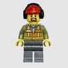 Train Worker, Orange Safety Vest with Train Logo over Olive Green Hoodie, Dark Bluish Gray Legs, Red Hard Hat with Ear Defenders, Goatee Beard