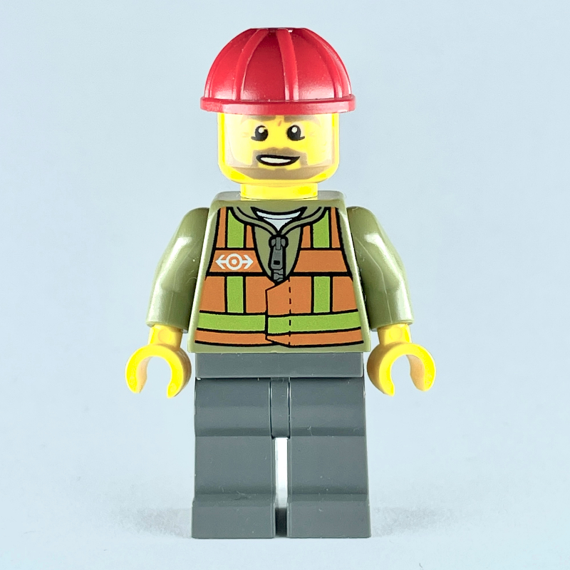 LEGO Train Worker, Orange Safety Vest with Train Logo over Olive Green Hoodie, Dark Bluish Gray Legs, Red Hard Hat, Beard (fig-009278)