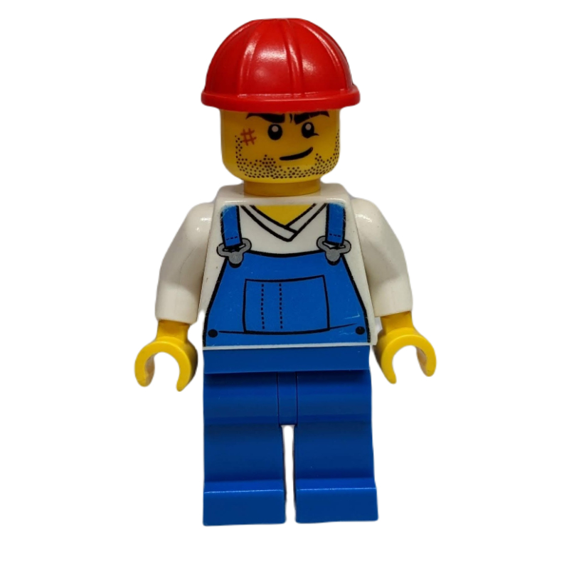 LEGO Man, Blue Overalls over White V-Neck Shirt, Red Hard Hat, Stubble and Scar (3626b Head) (fig-009279)