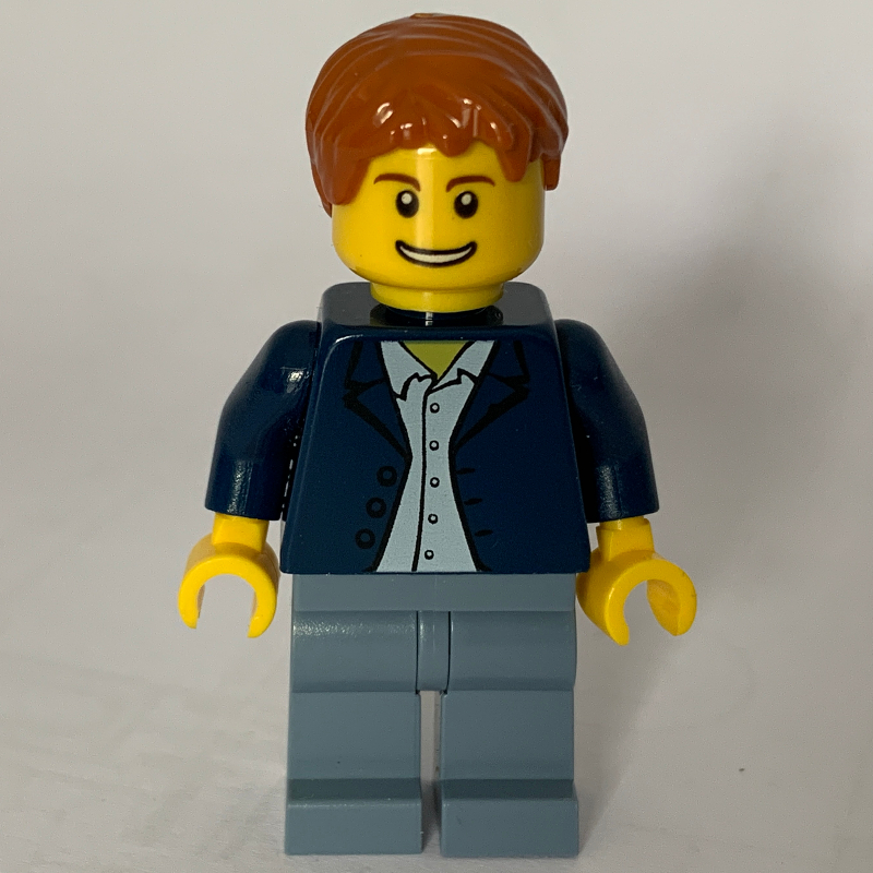 LEGO Man, Open Dark Blue Jacket, Sand Blue Legs, Dark Orange Hair (fig-009281)
