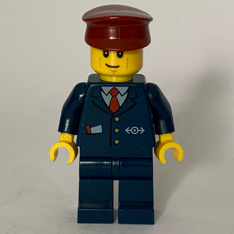 LEGO Train Conductor, Dark Blue Suit with Tie and Train Logo, Dark Red Hat (fig-009282)