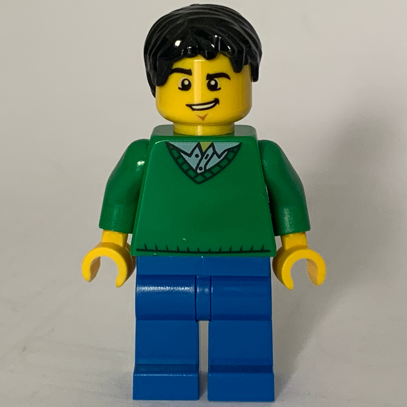 LEGO Man, Green V-Neck Sweater, Blue Legs, Black Hair (fig-009283)