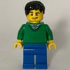Man, Green V-Neck Sweater, Blue Legs, Black Hair