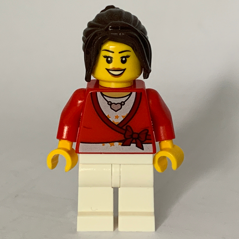 LEGO Woman, Cardigan Tied with Bow and Necklace, White Legs, Dark Brown Hair (fig-009284)