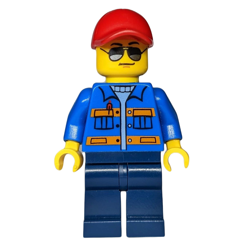 LEGO Man, Blue Jacket with Orange Stripes, Dark Blue Legs, Red Cap, Sunglasses (fig-009285)