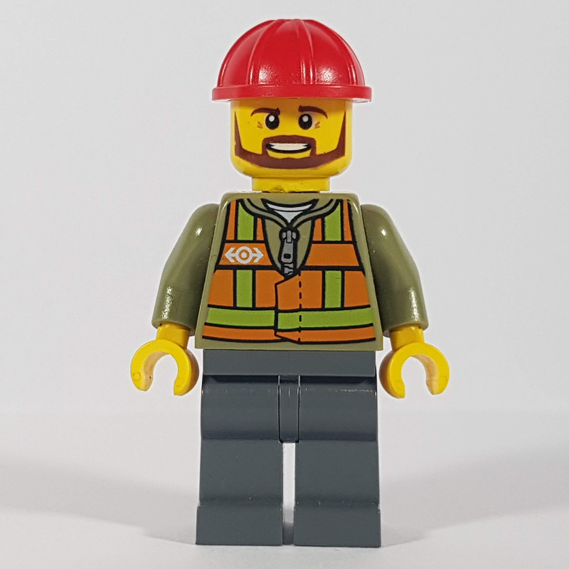LEGO Train Worker, Orange Safety Vest with Train Logo over Olive Green Hoodie, Dark Bluish Gray Legs, Red Hard Hat, Brown Beard (fig-009286)