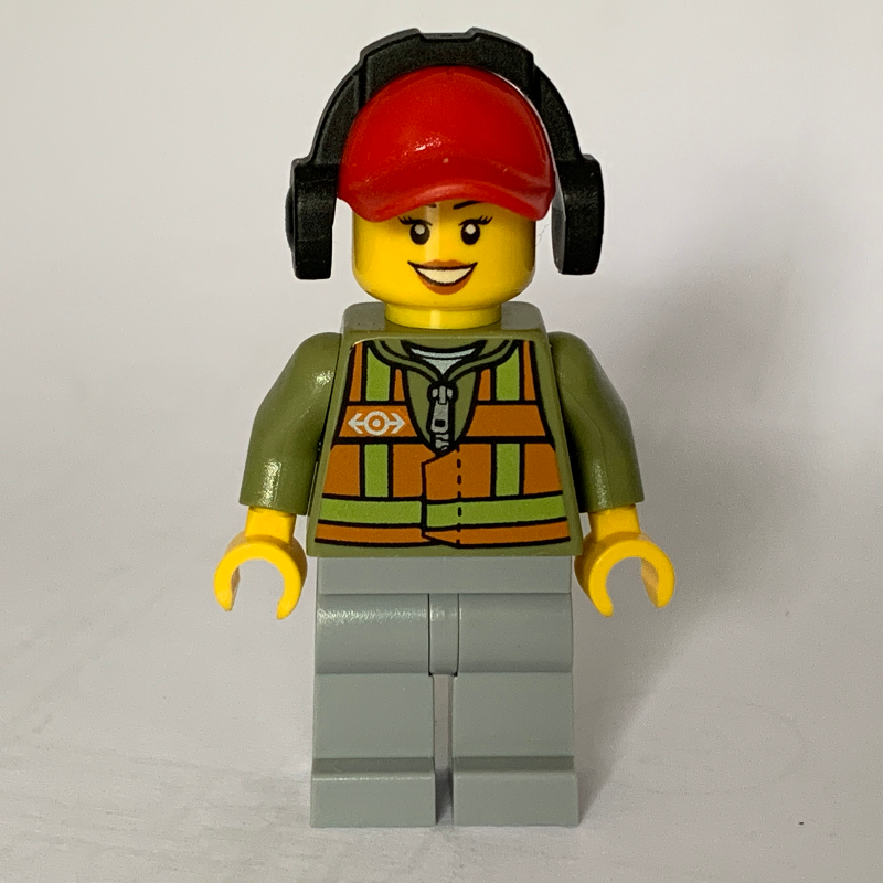 LEGO Train Worker, Woman, Orange Safety Vest with Train Logo over Olive Green Hoodie, Light Bluish Gray Legs, Red Cap with Ear Defenders (fig-009287)