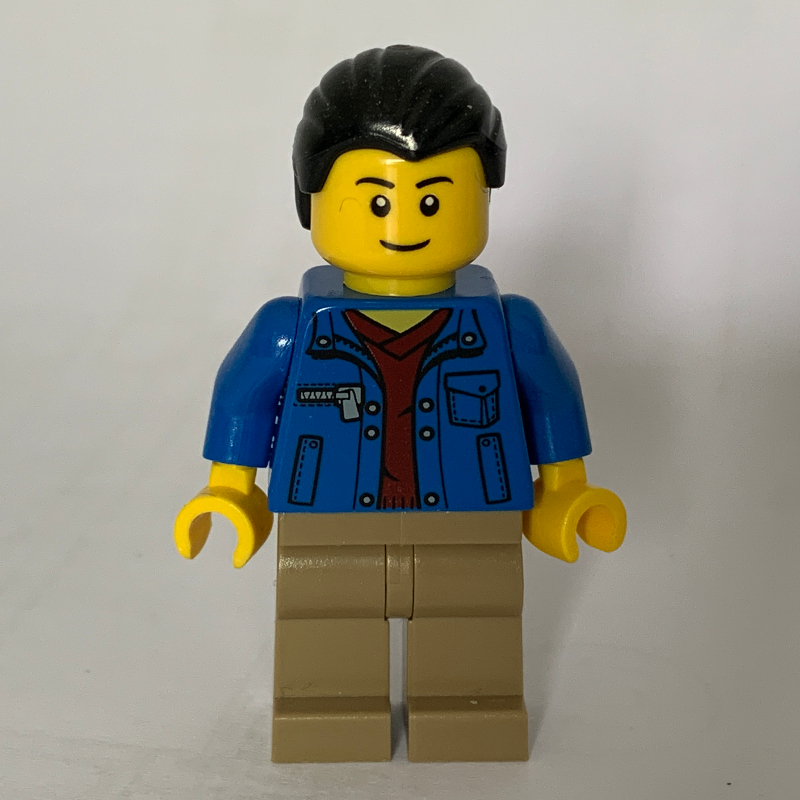 LEGO Man, Blue Jacket over Dark Red Shirt, Dark Tan Legs, Black Legs (fig-009289)