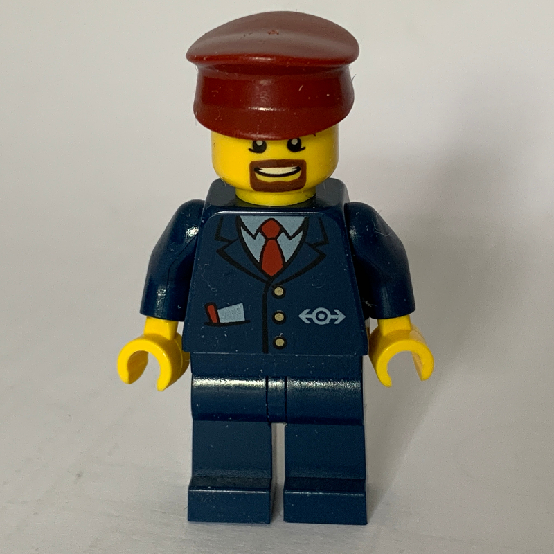 LEGO Train Conductor, Dark Blue Suit with Tie and Train Logo, Dark Red Hat, Goatee Beard (fig-009290)