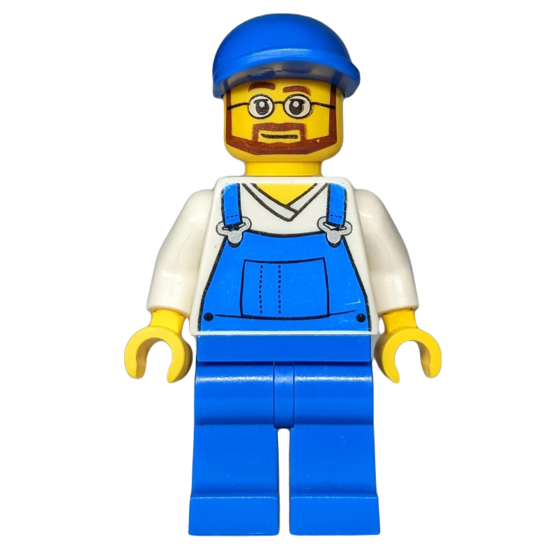 LEGO Man, Blue Overalls over White V-Neck Shirt, Blue Cap, Beard and Glasses (fig-009292)