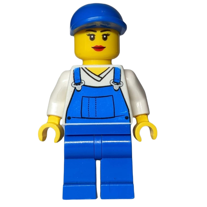 LEGO Woman, Blue Overalls over White V-Neck Shirt, Blue Cap (fig-009293)