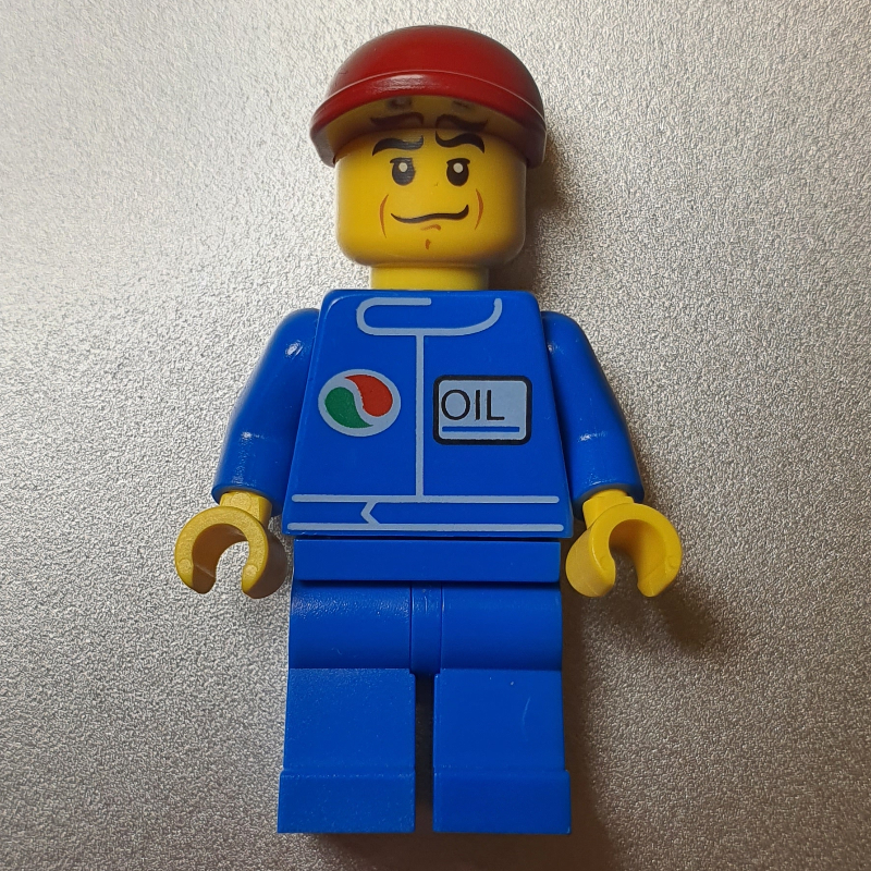 LEGO Man, Blue Jumpsuit with Octan Logo, Dark Red Cap (fig-009295)
