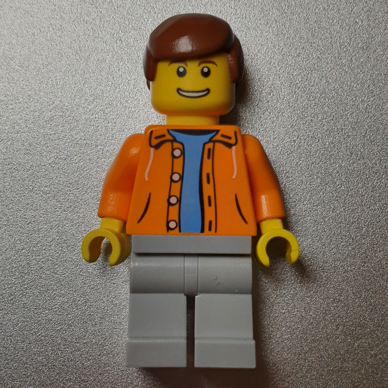 LEGO Man, Open Orange Jacket over Light Blue Shirt, Reddish Brown Hair (fig-009296)