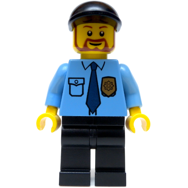 LEGO Policeman, Medium Blue Shirt with Badge and Tie, Black Cap, Beard (fig-009297)