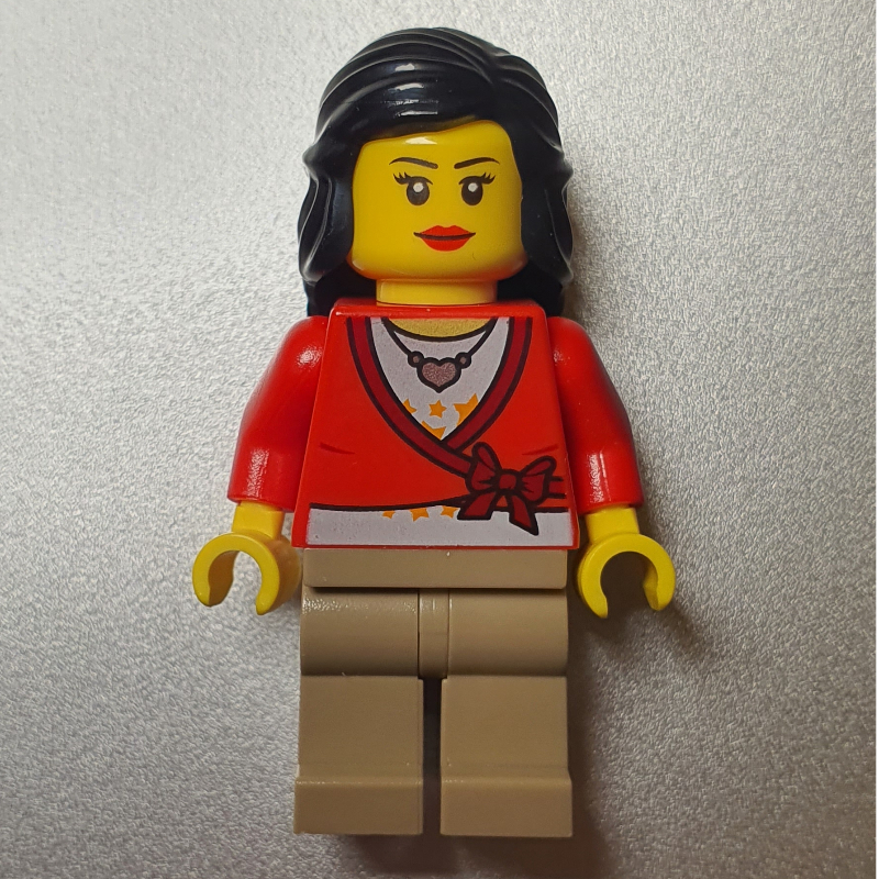 LEGO Woman, Cardigan Tied with Bow and Necklace, Dark Tan Legs, Black Hair (fig-009298)