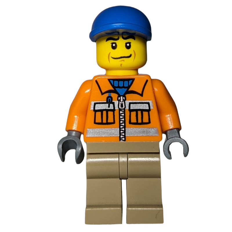 LEGO Construction Worker, Orange Jacket with Zipper and Reflective Stripes, Dark Tan Legs, Blue Cap (fig-009299)