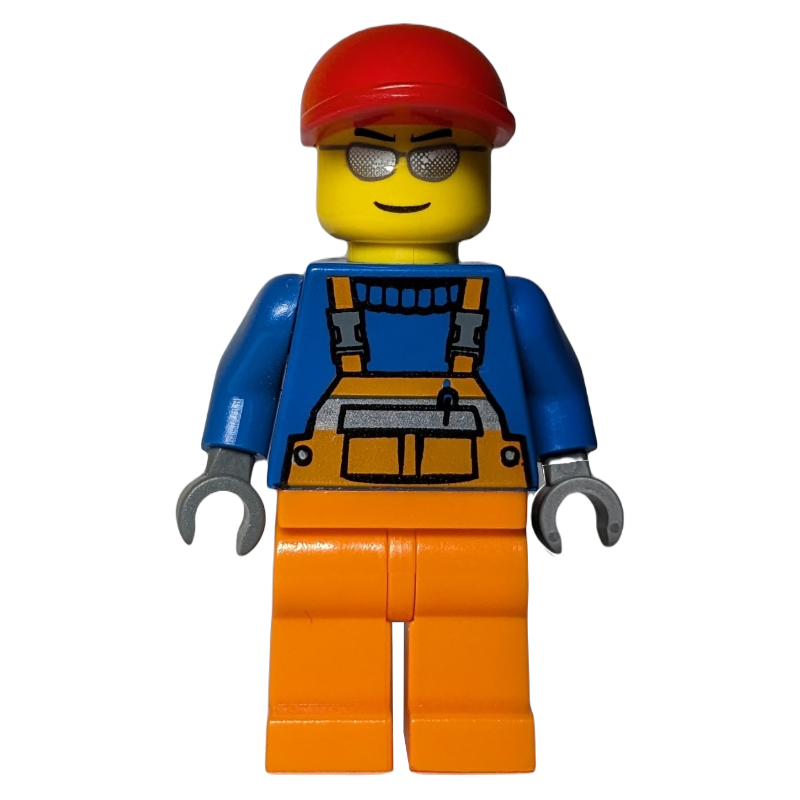 LEGO Construction Worker, Orange Overalls over Blue Sweater, Red Cap, Silver Sunglasses (fig-009300)
